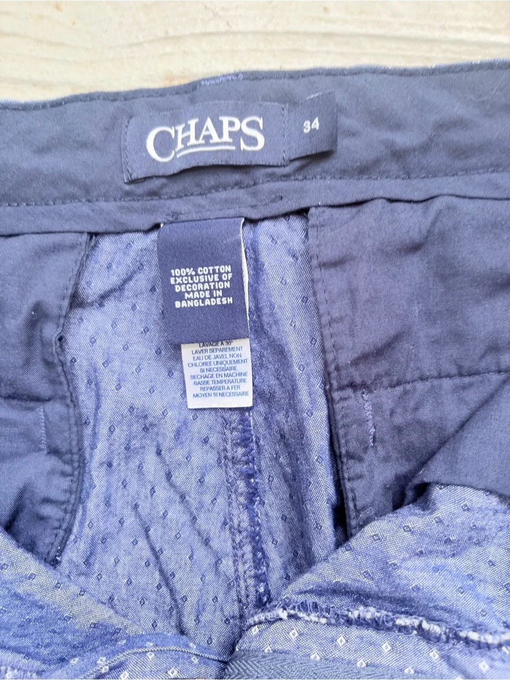 Chaps Flat-Front Chino Shorts 100% Cotton Monroe Blue White Dots Sz 34 Inseam 9”